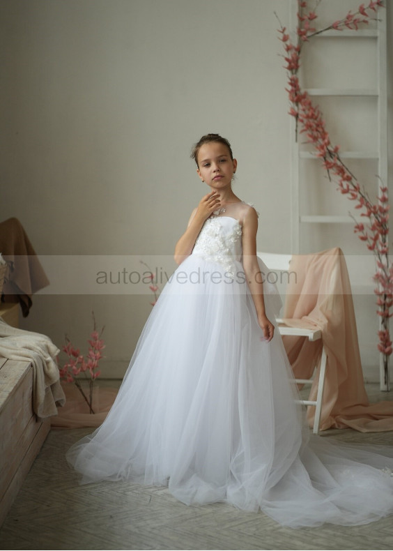 Beaded White Lace Tulle Sheer Back Flower Girl Dress